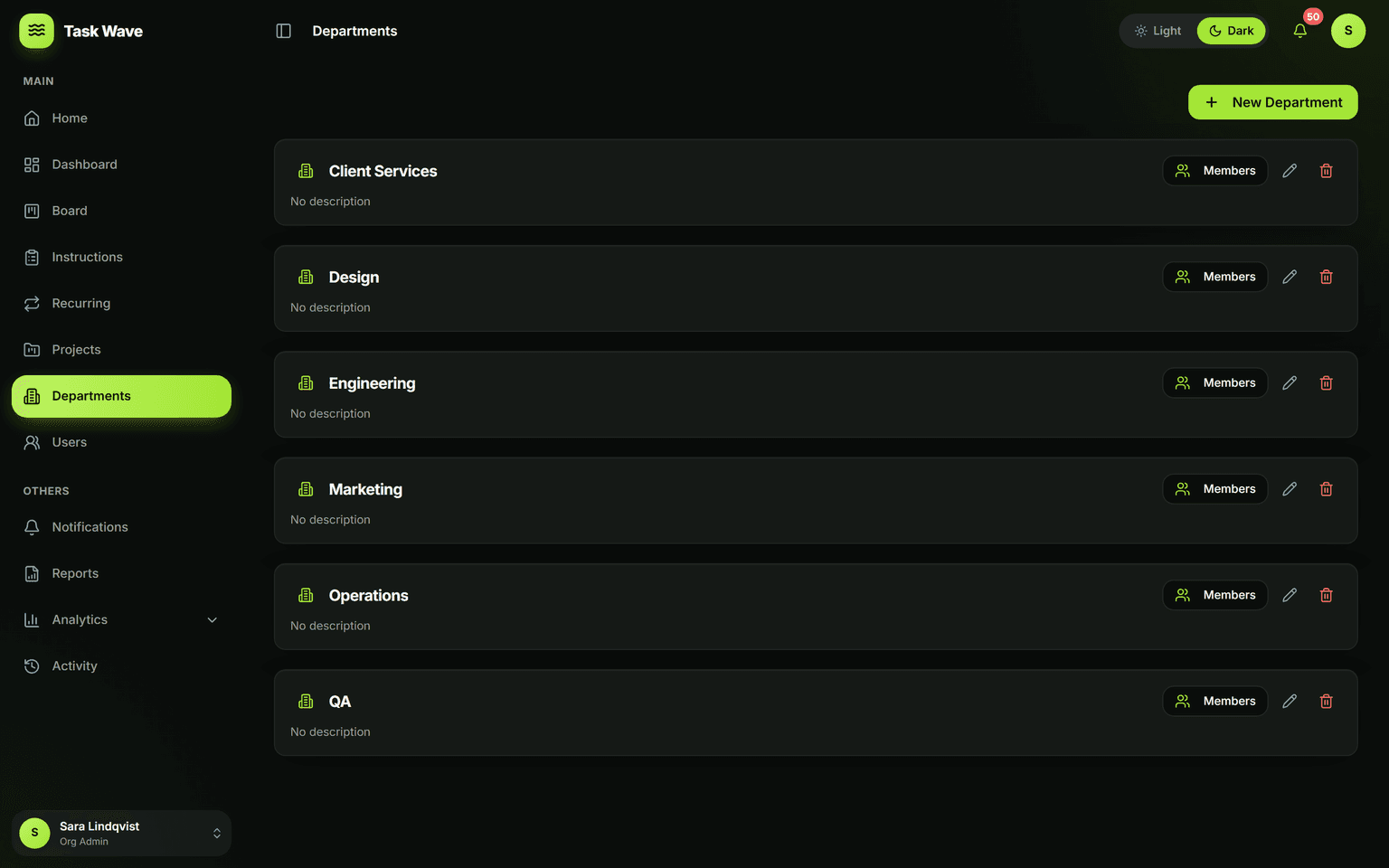 Departments & Teams in TaskWave