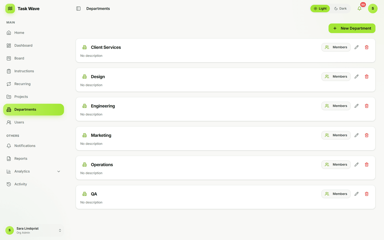 Departments & Teams in TaskWave